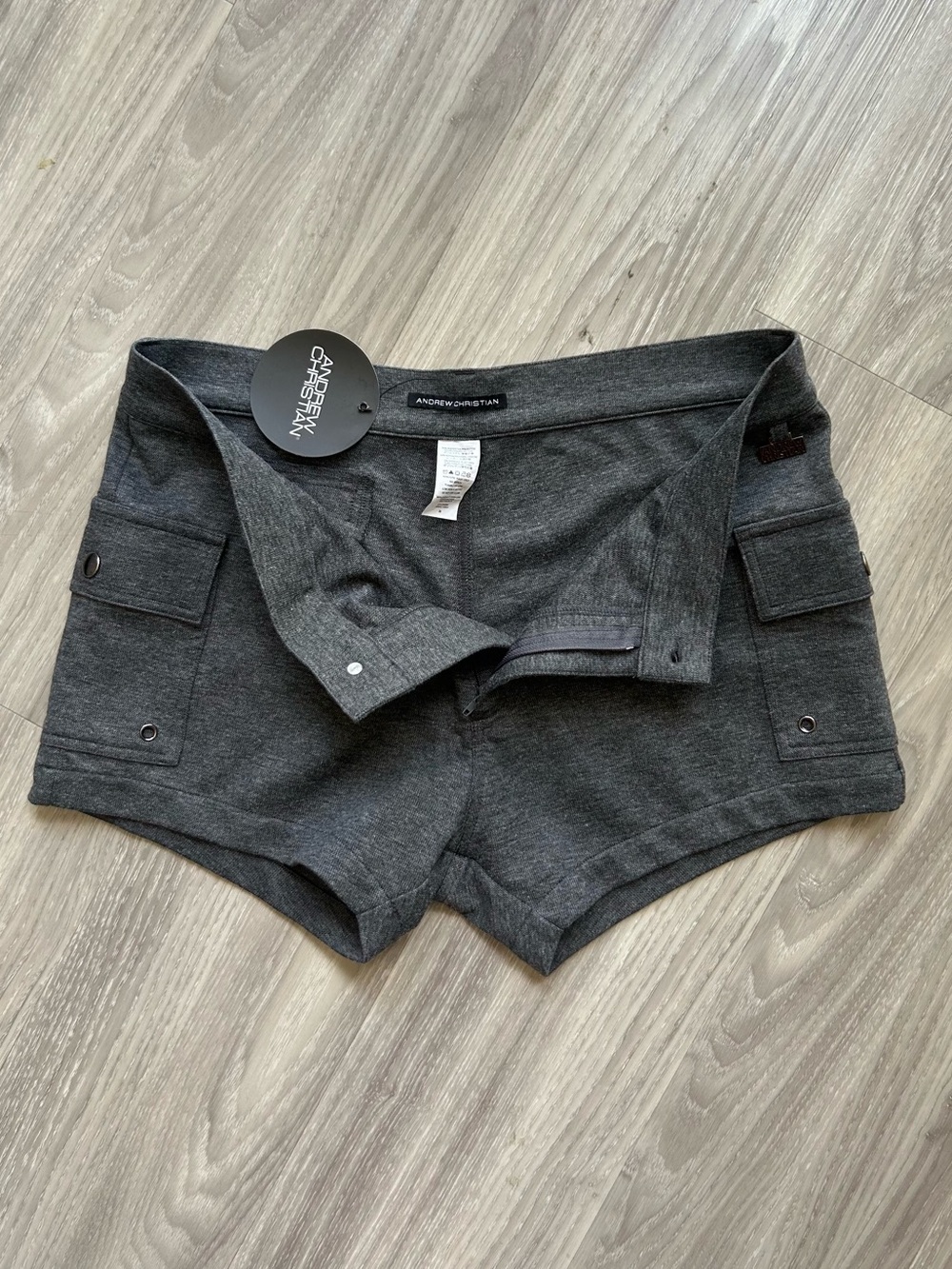 Andrew Christian | 3" Skinny Stretch Cargo Shorts in Charcoal (32" Waist) - Picture 5 of 12